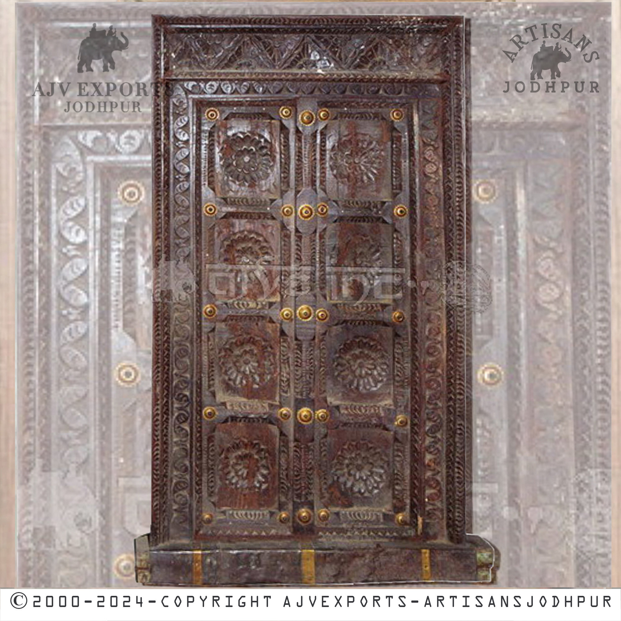 Classic wooden door with intricately carved panels and traditional Jodhpur designs, ideal for elegant entryways.