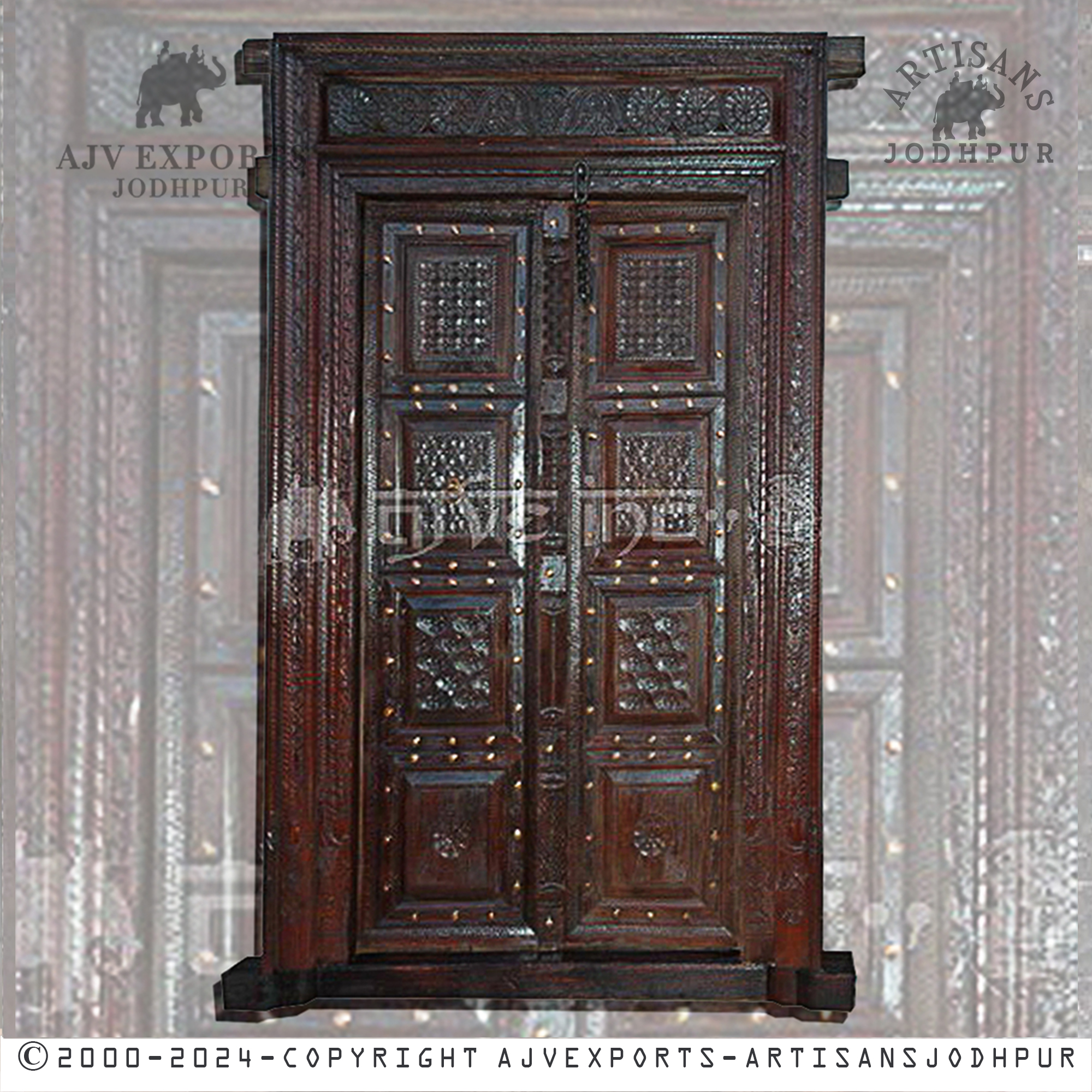 Classic wooden door featuring detailed metalwork, adding elegance to traditional and historical settings.