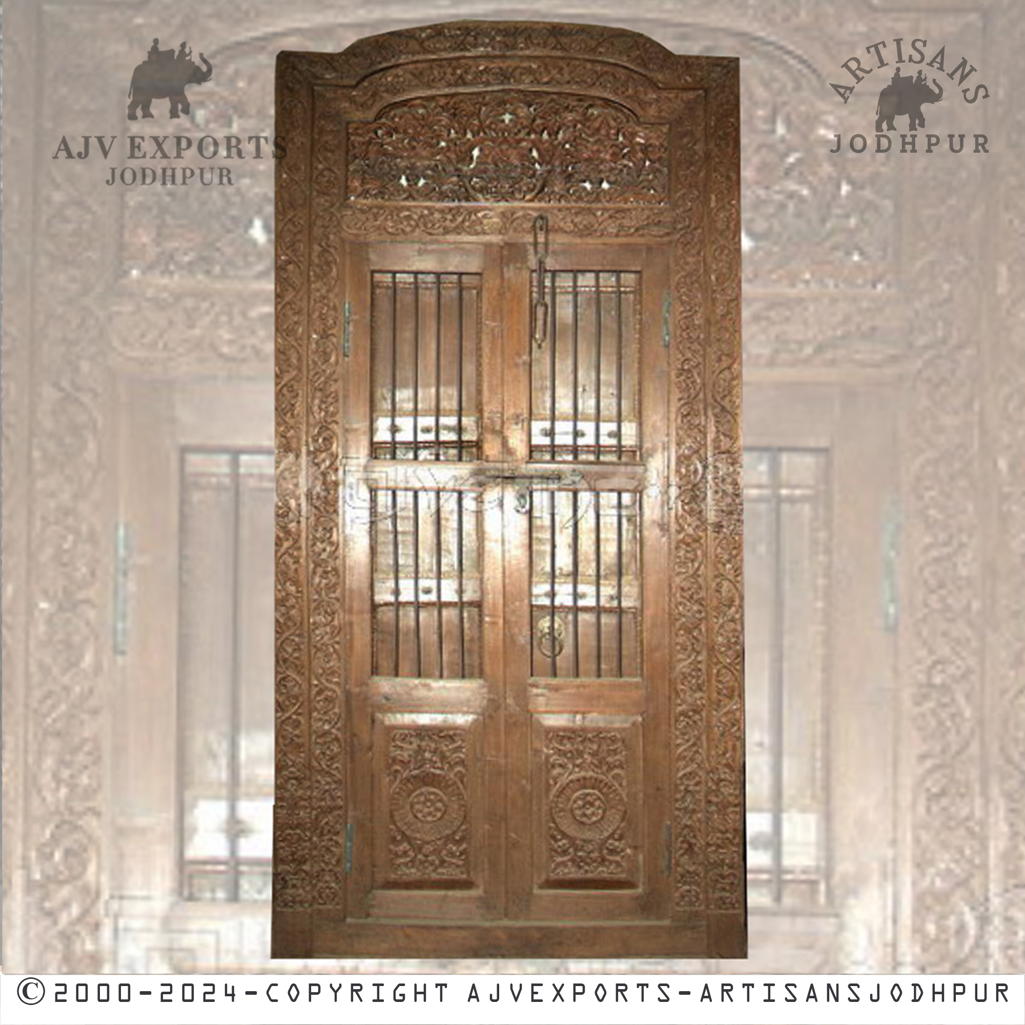Elegant wooden door with elaborate carvings and a traditional design, ideal for classic and heritage-style interiors.