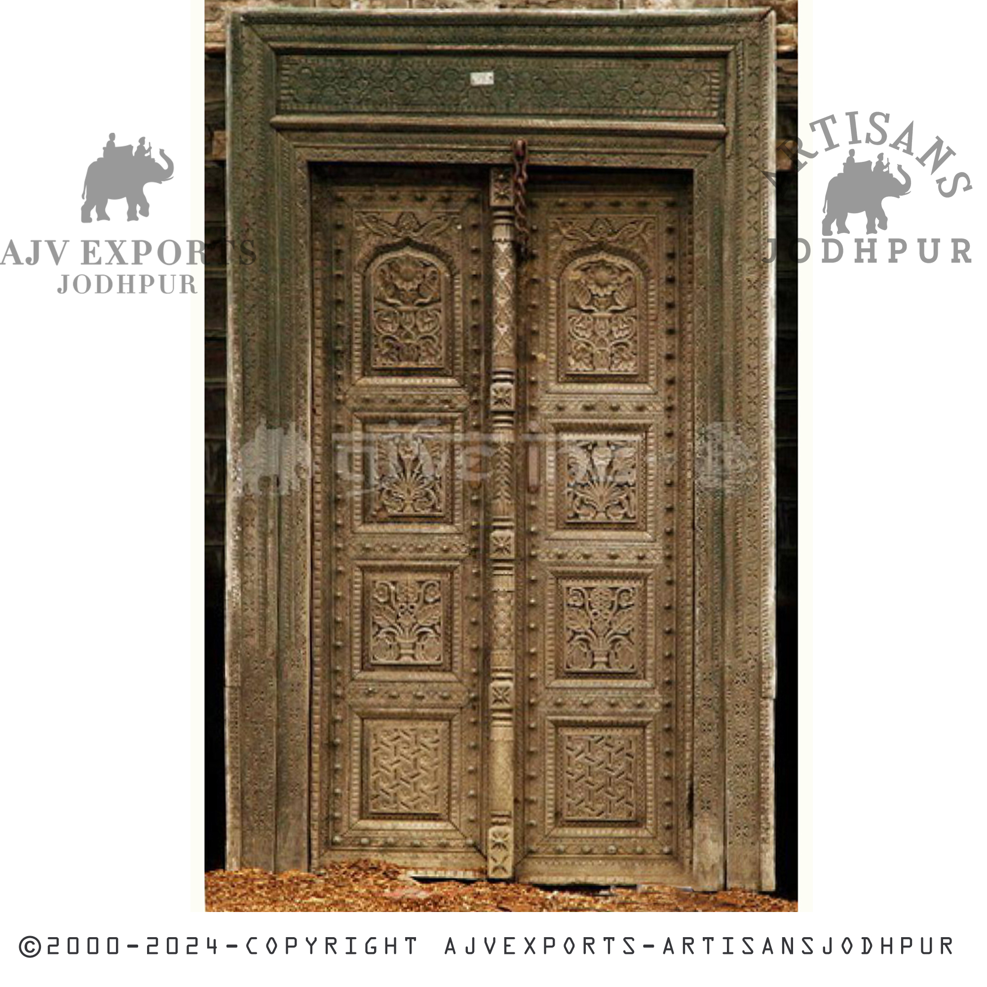 An intricately designed double wooden door showcasing traditional craftsmanship from AJV Exports Jodhpur