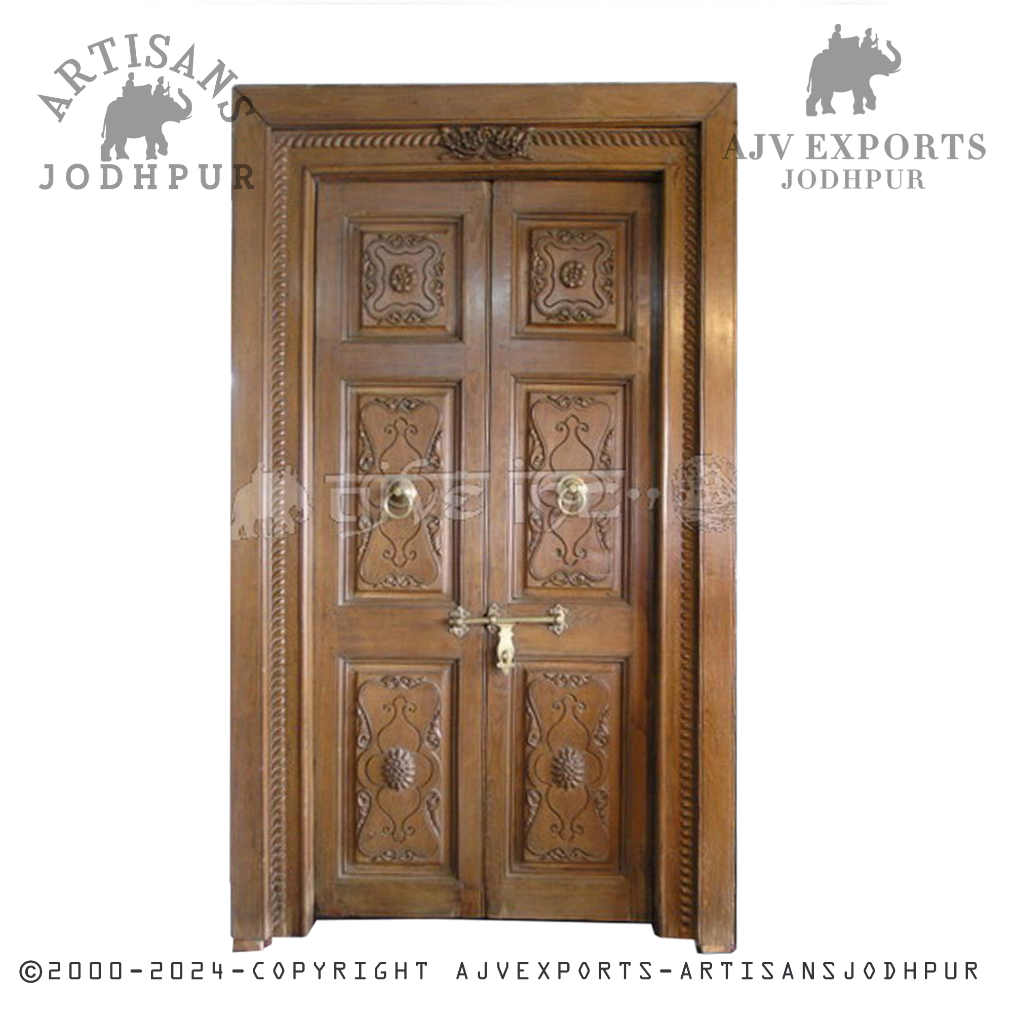 A traditional Indian wooden door with beautifully carved panels, showcasing the artisanal heritage of Jodhpur.