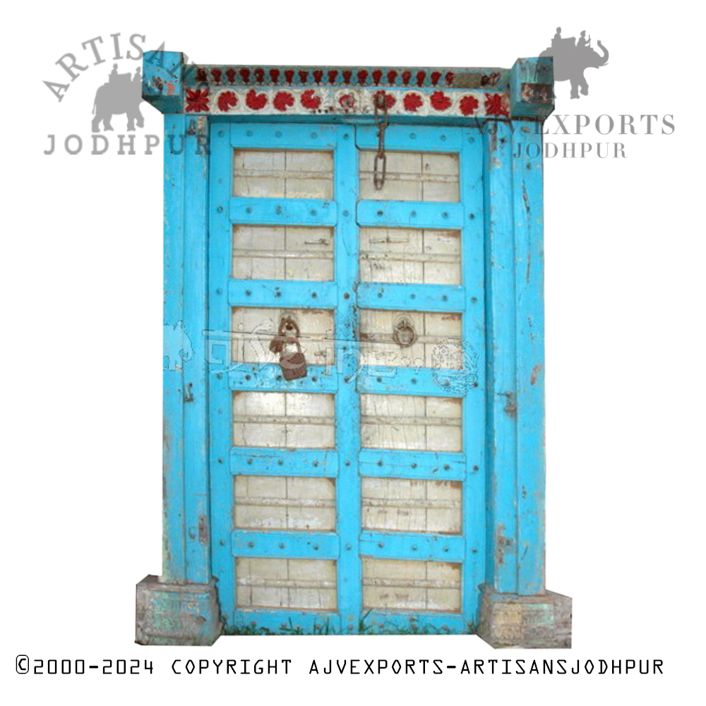 Antique wooden door with brass plates and a robust design, handcrafted by Artisans Jodhpur.