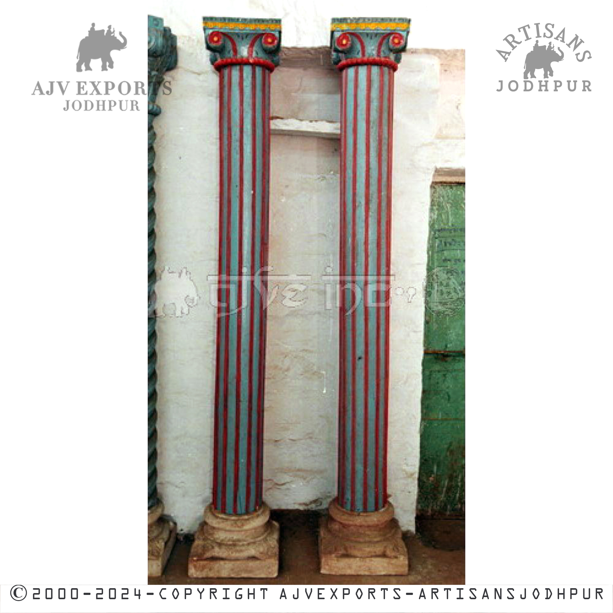 A bold red column with gold stripes and ornate capitals, perfect for striking interiors.