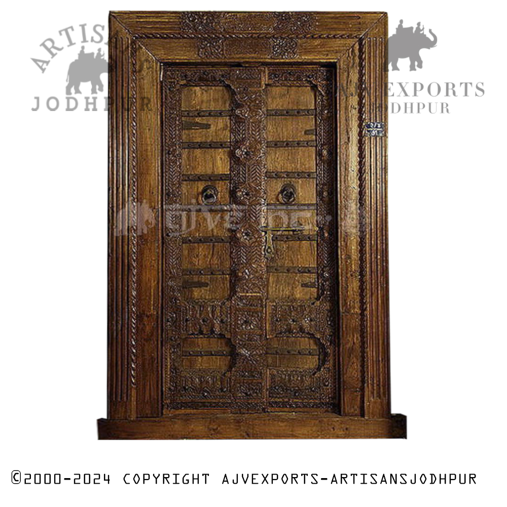 Vintage wooden door with iron accents and a sturdy design from Artisans Jodhpur.