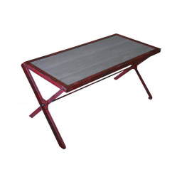 industrial iron coffee table with X-pattern base and wood top.