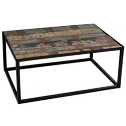 industrial coffee table with distressed wood top and iron stand.