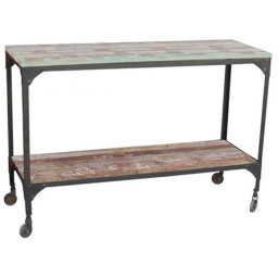 industrial trolley console table with wooden top and bottom shelve.