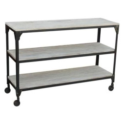 industrial rolling console table with three marble shelves.