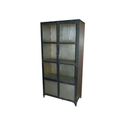 industrial rustic iron cabinet with glass panel doors for display.