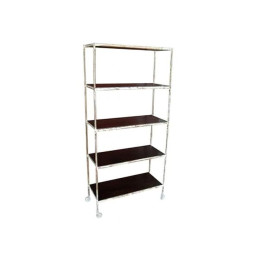 industrial rolling shelves with five wooden shelves fitted in iron stand.