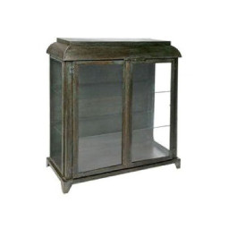 industrial iron display cabinet with glass panel doors.