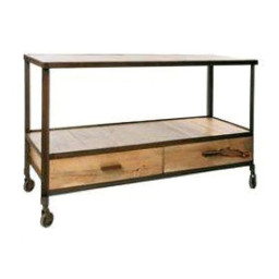 industrial rolling console table with two drawers