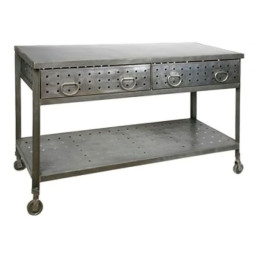 industrial iron console table with two large drawers. 