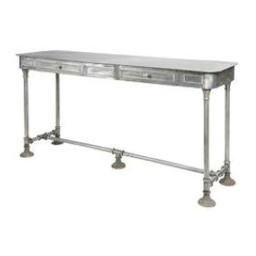 industrial cast iron pipe console table with two drawers.