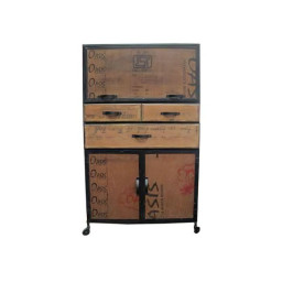 industrial cabinet with multi storage drawers and wooden door storage.
