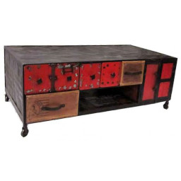 industrial recycled metal coffee table with multi storagre drawers and wheels