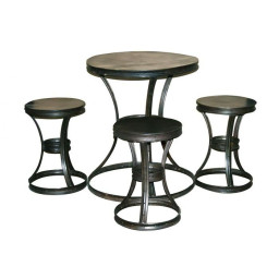 industrial recycled rim table with three stools.