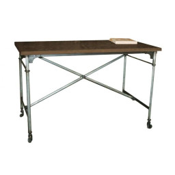  industrial wood and iron rustic writing desk with wheels.