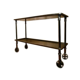 industrial rustic console table with wheels.