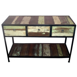 industrial reclaimed wood rustic console table with three drawers.