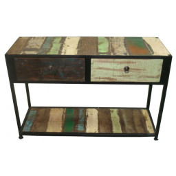 industrial reclaimed wood rustic console table with two drawers.