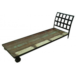industrial reclaimed wood rustic sunlounger with two wheels.