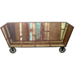 industrial reclaimed wood sofa with wheels.