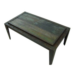 industrial metal and reclaimed wood riveted coffee table.