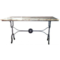 industrial reclaimed wood rustic console table with cast iron leg base.