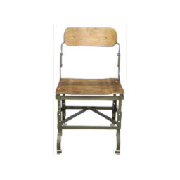 industrial adjustable height metal bar chair with wooden seat and backrest.