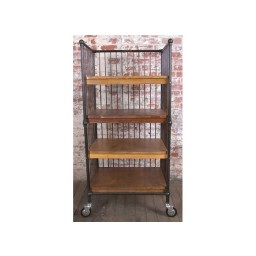 industrial wood and iron shelves with wheels