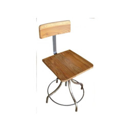 industrial wood and metal chair with swivel seat and backrest.