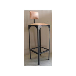 industrial counter height iron bar stool with leather seat and backrest.