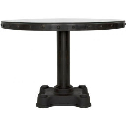 industrial iron round pedestal coffee table with riveted border.