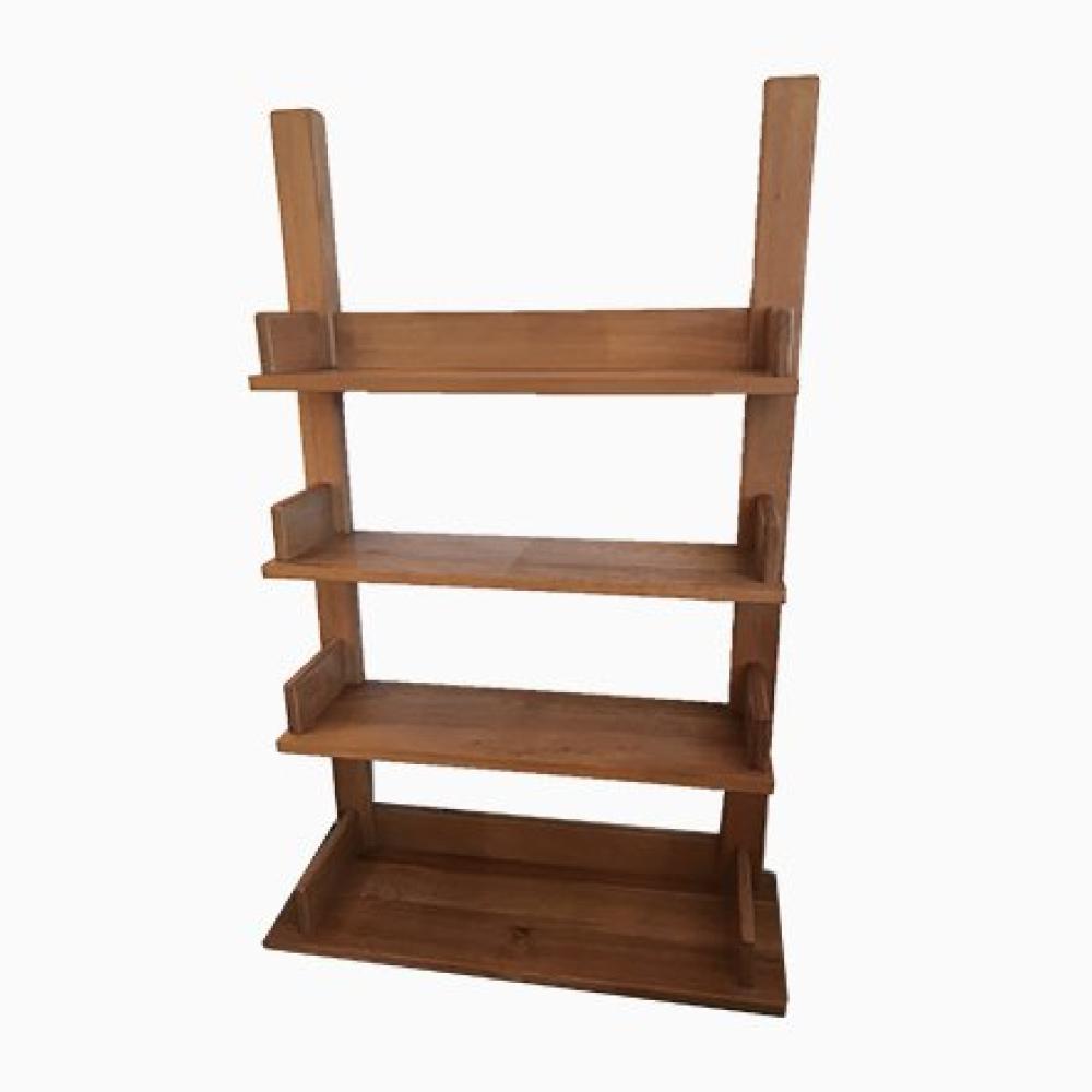 A wooden shelf with four tiers, crafted from natural wood, designed for storage or decorative purposes.