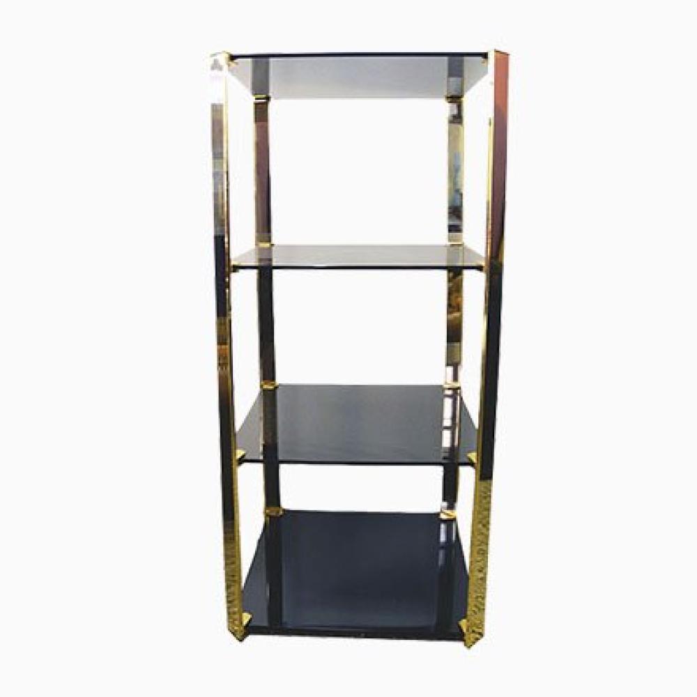 A modern glass and metal shelf with four tiers, featuring gold accents for a luxurious touch.