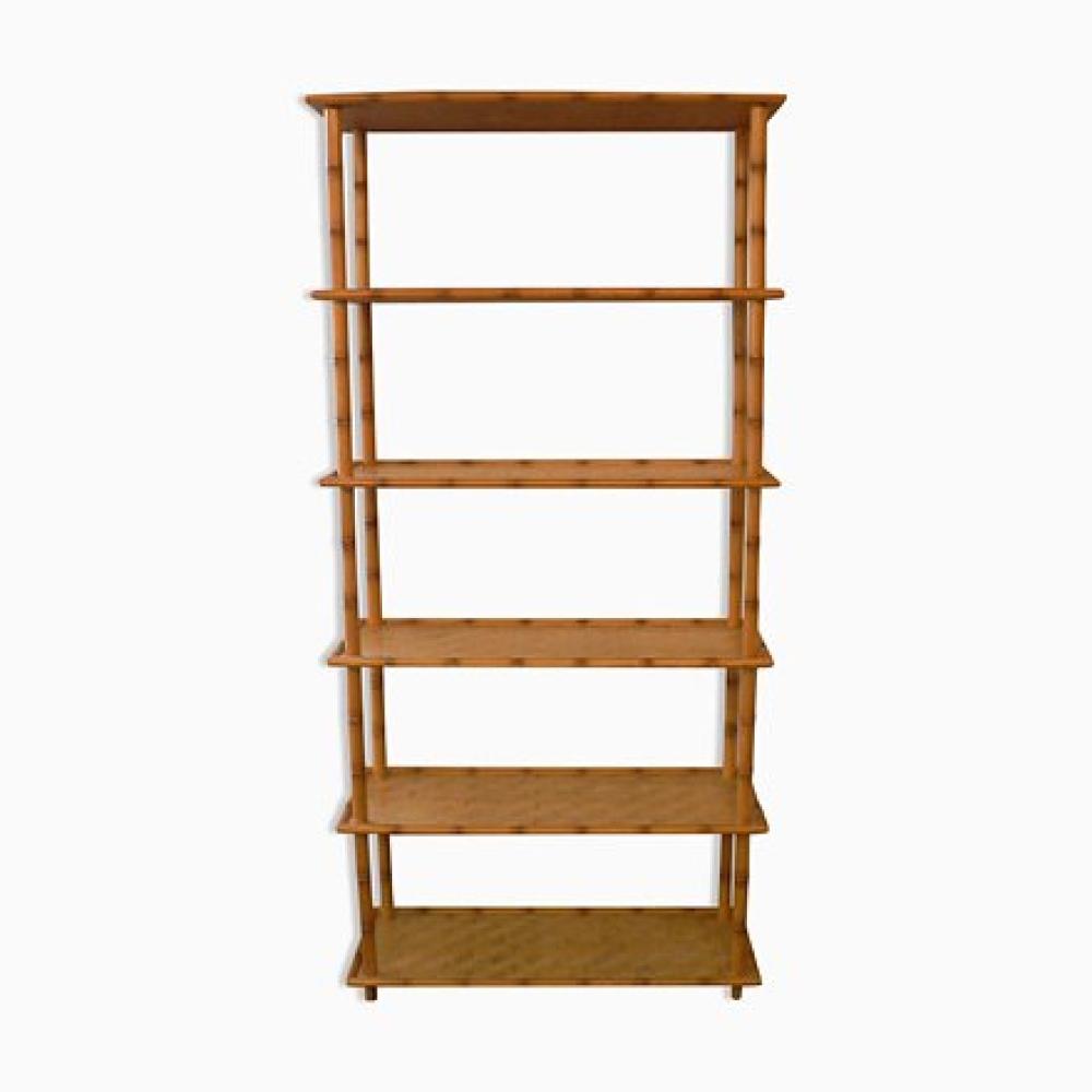 A tall wooden bookshelf with six tiers, crafted for both storage and decorative purposes.