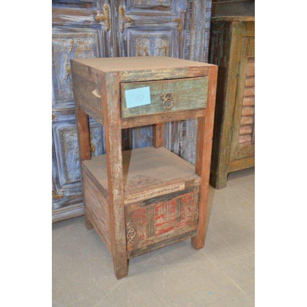 Wooden side table with storage cabinet and distressed finish, perfect for compact spaces.