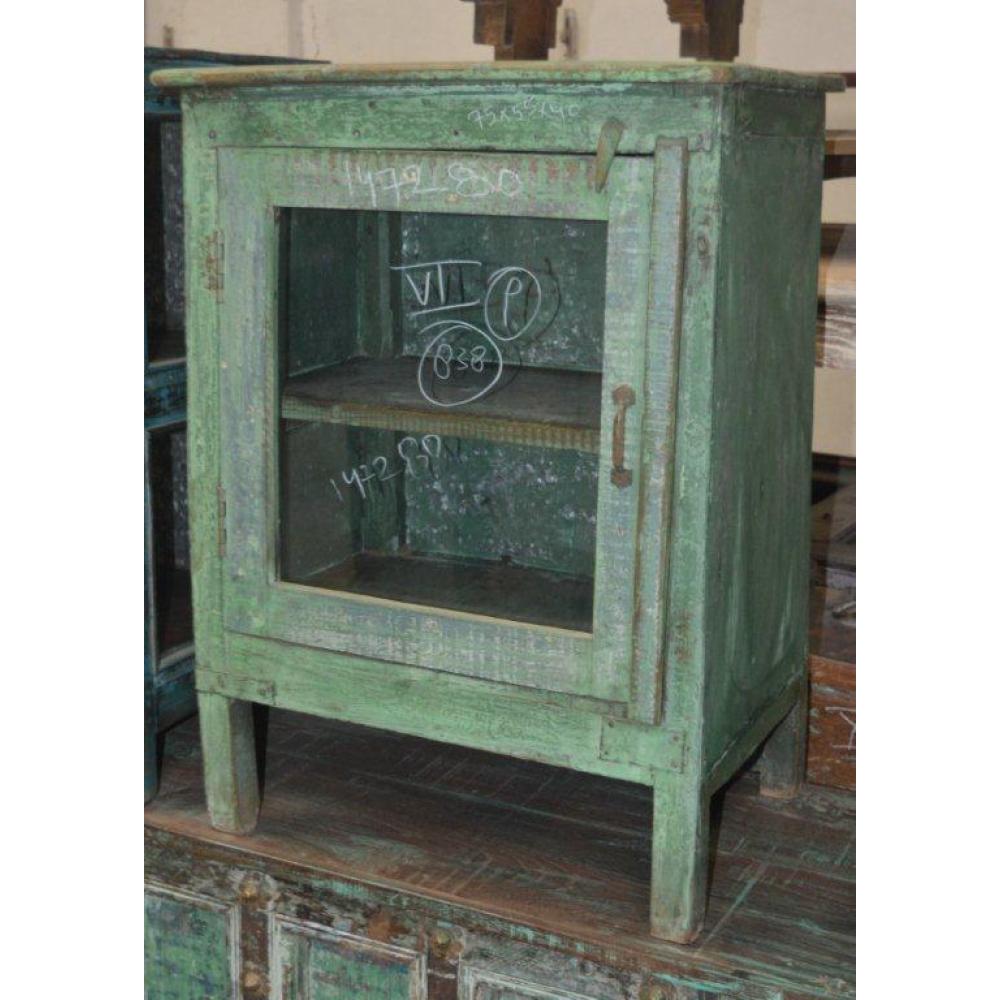 Vintage-style cabinet with a glass door and distressed green finish.