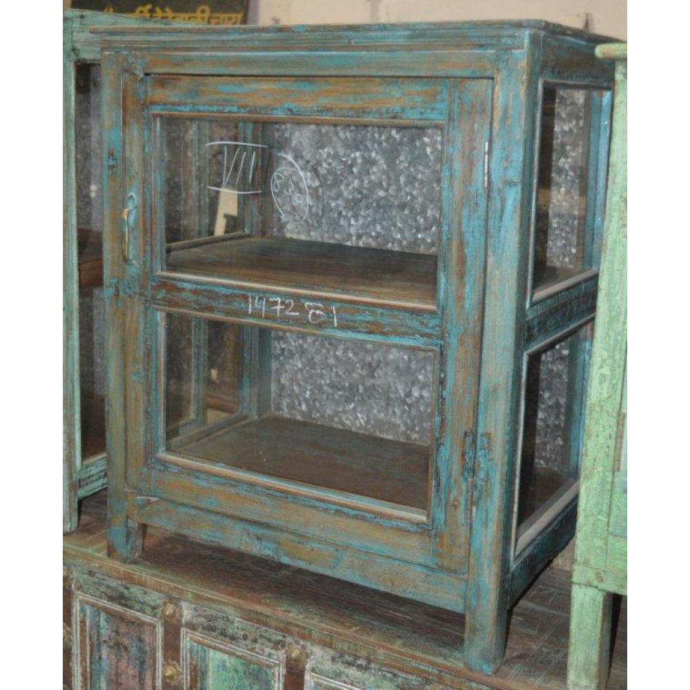 Rustic double glass door cabinet with distressed blue finish, handcrafted by Jodhpur artisans.