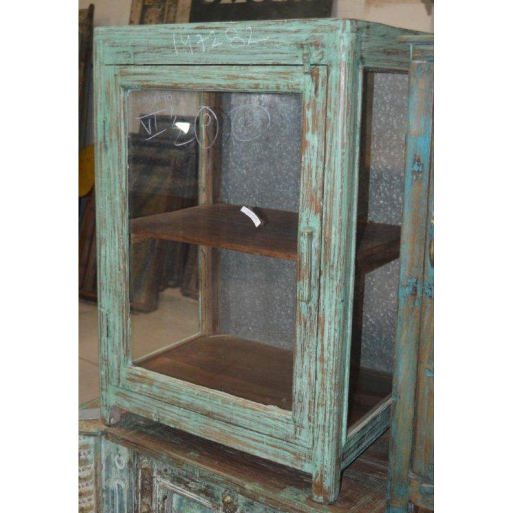 Vintage green glass door display cabinet with rustic charm, handcrafted by Jodhpur artisans.