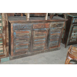 Reclaimed distressed multi colored 3 drawer 3 door wooden sideboard