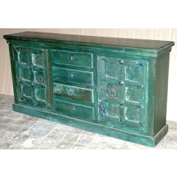 Wooden rustic turquoise buffet cabinet with two doors and four drawers