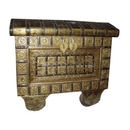 wooden brass embossed sideboard dowry chest with two leaf handles