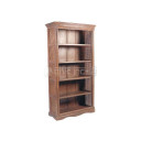wooden bookshelf with five shelves and lattice design on sides 