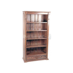 wooden bookcase with five shelves and two small drawers