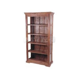 wooden five shelves bookcase with sides made by glass panels 