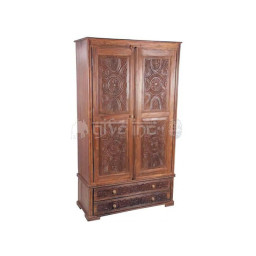 Wooden cupboard with two hand-carved doors and drawers