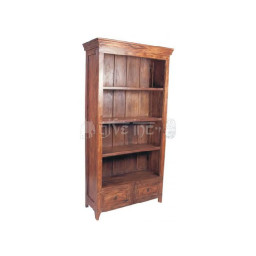 wooden bookcase with four shelves and two drawers