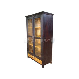 wooden bookcase display cabinet with glass doors